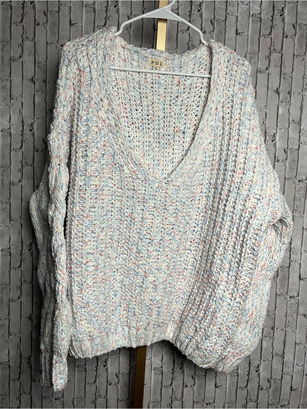 POL Oversized Chunky Confetti Knit V-Neck Sweater L Large Pastel Rainbow